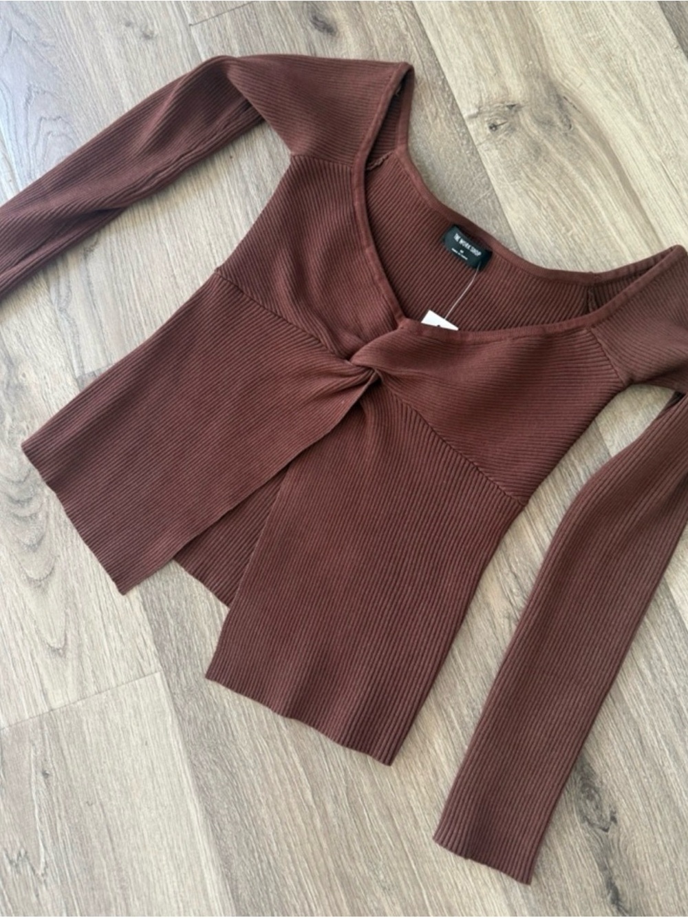 NWT Workshop Twist-Front Ribbed Long-Sleeve Top in Chocolate Brown - Picture 2 of 5